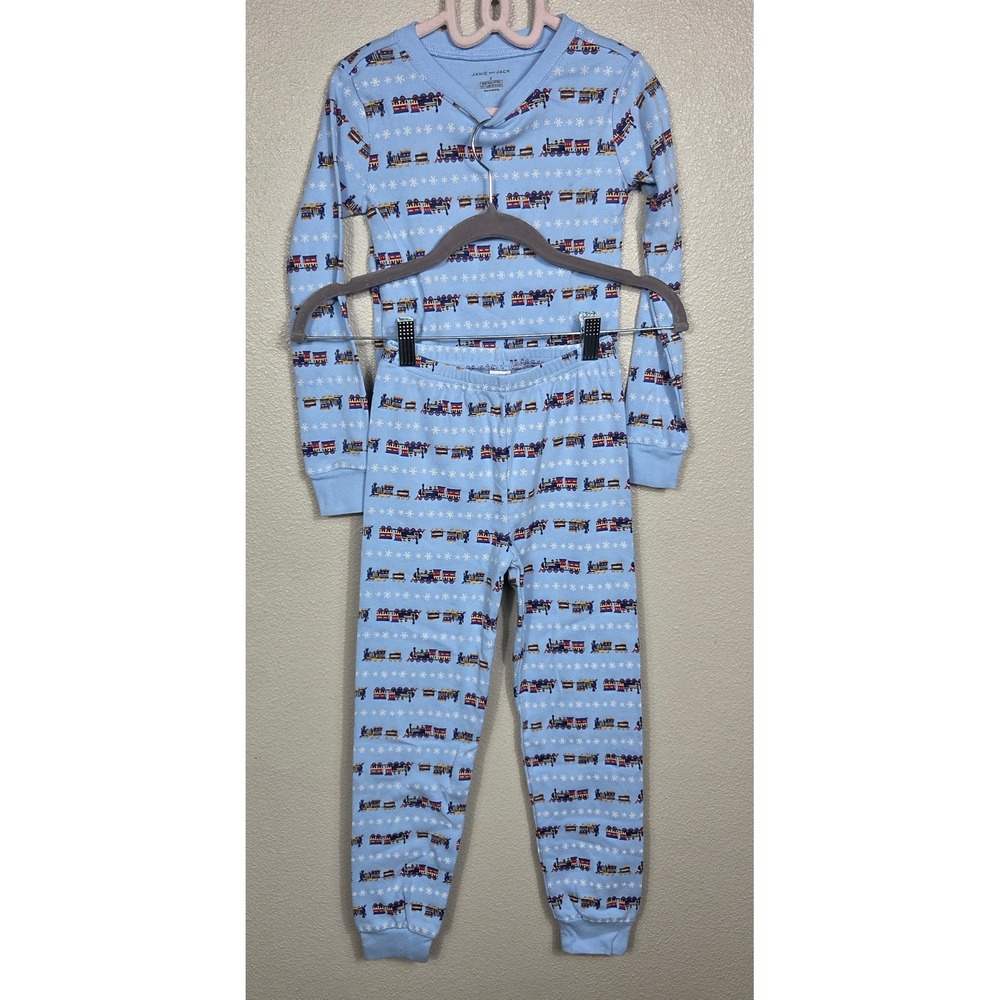 Janie and Jack Kids Pajama Set 8Y Blue Train Snowflake Christmas Holiday PJs
